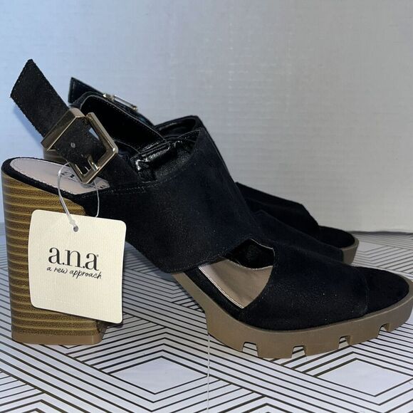Ana Daly Heel‎ Sandals Size 8 M Black Faux Suede Open Toe Buckle Chunky Y2K - Picture 1 of 11